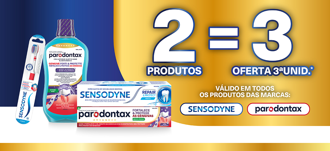 Banner Promoção 2=3 em produtos Sensodyne e Parodontax