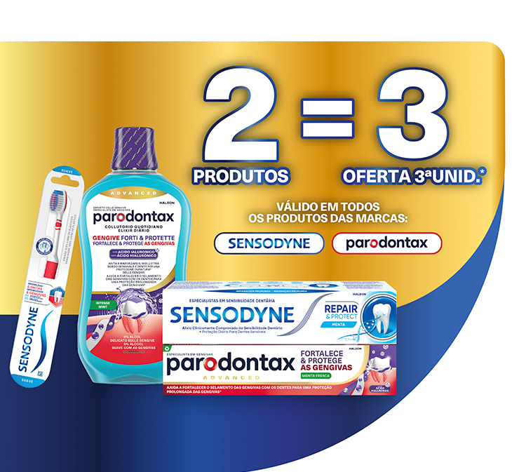2 produtos = Oferta 3ºUnidade, Valido em todos os produtos das marcas: sensodyne, parodotax