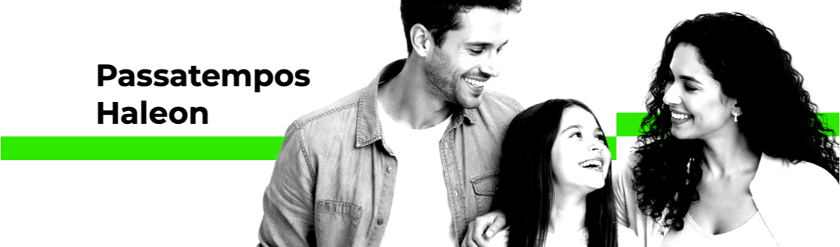 Banner dos Passatempos Haleon. À esquerda lê-se “Passatempos Haleon”; ao centro e à direita, foto a preto e branco de um homem, uma mulher e uma menina a sorrir, com uma faixa verde horizontal ao fundo